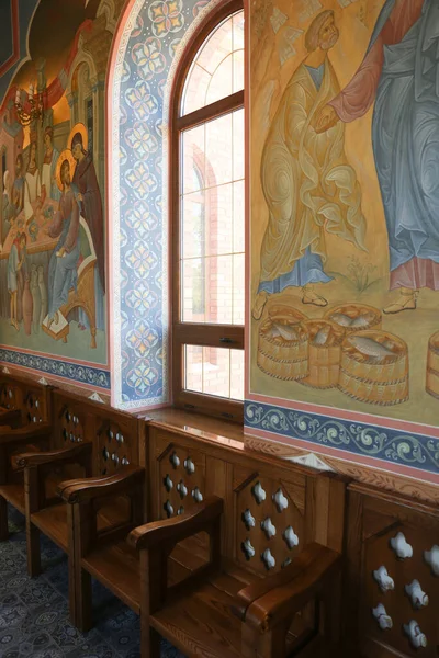 Empty Wooden Benches Wall Murals Church — 스톡 사진