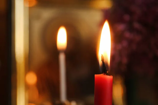 Red Burning Candle Church Closeup Space Text — 图库照片