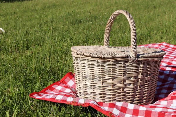 Picnic Basket Checkered Tablecloth Green Grass Outdoors Space Text — Stockfoto