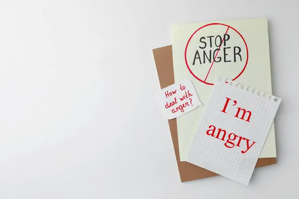 Anger Management Flat Lay Composition Different Inscriptions White Background Space — Stock Fotó