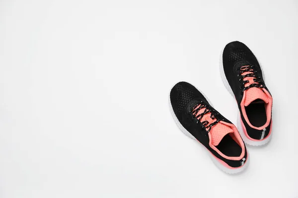 Pair Stylish Sport Shoes White Background Flat Lay Space Text — Stockfoto