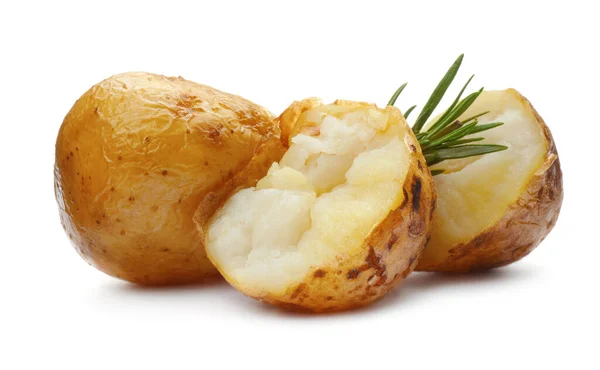 Tasty Pieces Baked Potatoes Rosemary White Background — Fotografia de Stock