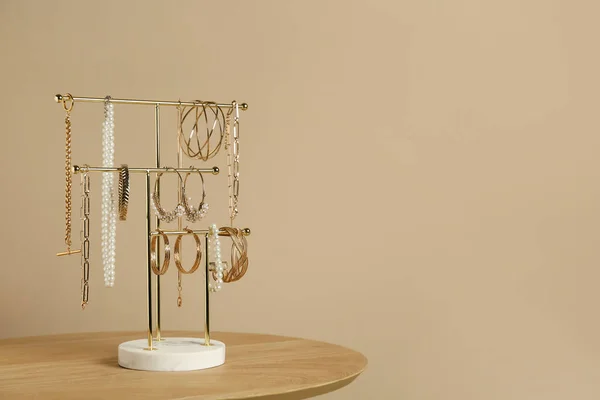Holder Set Luxurious Jewelry Wooden Table Beige Wall Space Text — Zdjęcie stockowe