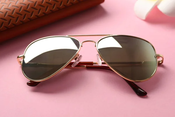 Stylish Elegant Sunglasses Pink Background Closeup — Foto Stock