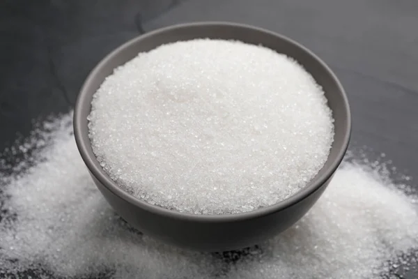 Granulaat Suiker Zwarte Tafel Close Zicht — Stockfoto