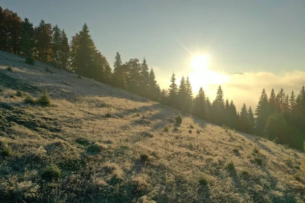 Slunce Svítí Nad Svahem Pokrytým Chraplavým Mrazem Mlhavých Horách — Stock fotografie
