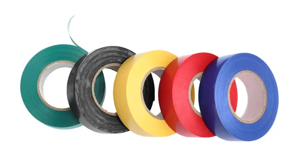 Colorful Insulating Tapes White Background Electrician Supplies — Foto Stock