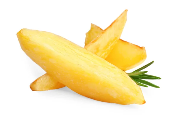 Tasty Baked Potato Wedges Rosemary White Background — Stock fotografie