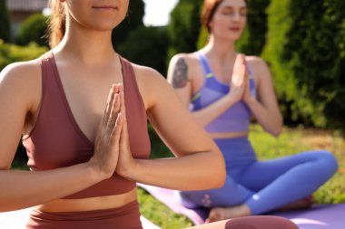 Young women practicing yoga on mats outdoors, closeup