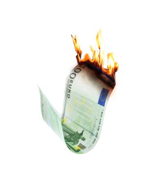 One hundred euro banknote burning on white background