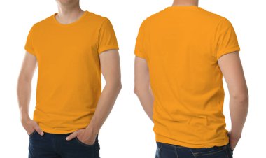 Beyaz arka planda turuncu tişört giyen bir adam. Tasarım için model