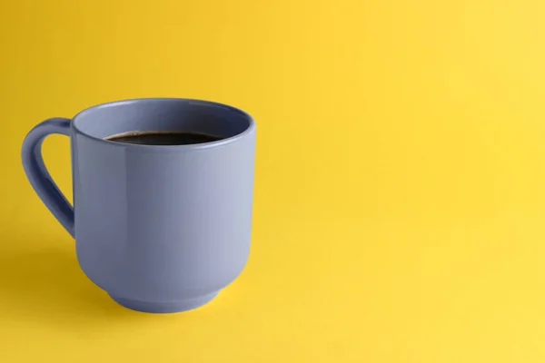 Grey Mug Freshly Brewed Hot Coffee Yellow Background Space Text — Photo