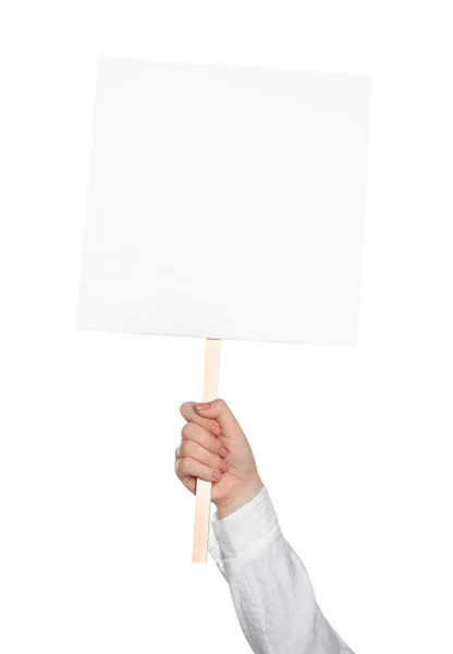 Frau Mit Leerem Protestschild Auf Weißem Hintergrund Nahaufnahme — Stockfoto
