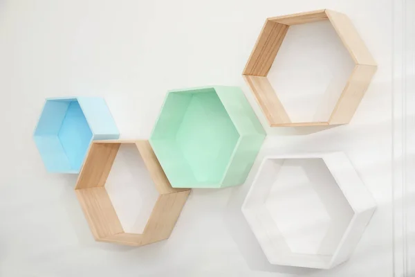 Empty Honeycomb Shaped Shelves White Wall — Stok fotoğraf