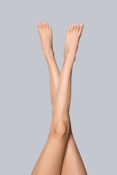 Woman Beautiful Long Legs Grey Background Closeup — 스톡 사진