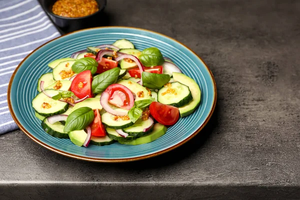 Tasty Salad Cucumbers Served Grey Table — Foto de Stock