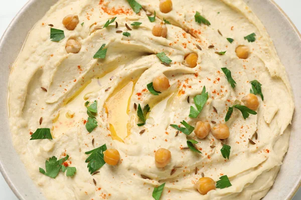 Tasty Hummus Garnish Bowl Closeup — Stock fotografie