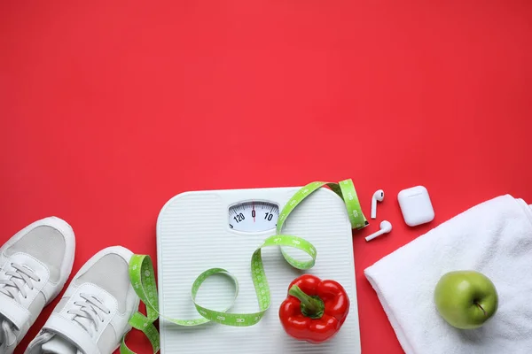 Flat Lay Composition Scales Measuring Tape Red Background Space Text — 스톡 사진