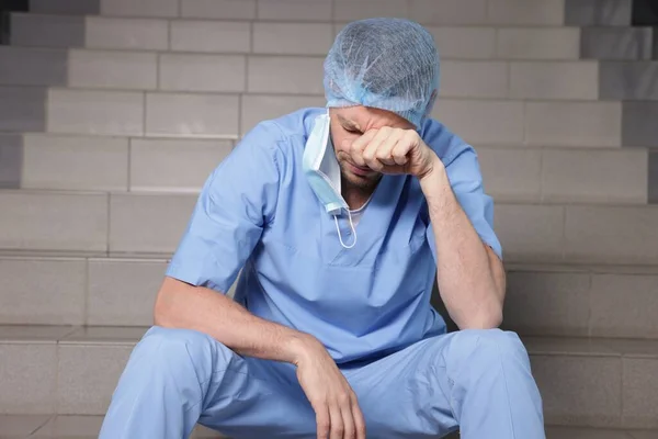 Exhausted Doctor Sitting Stairs Hospital — 스톡 사진