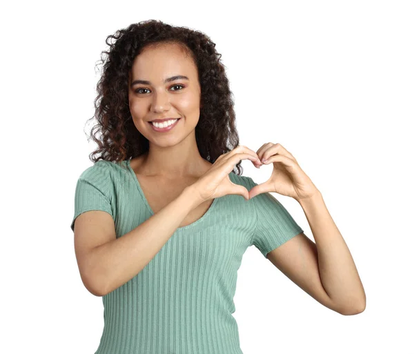 Happy Young African American Woman Making Heart Hands White Background — Stock Photo, Image