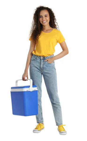 Happy Young African American Woman Cool Box White Background — Foto Stock