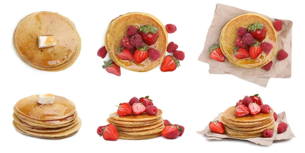 Seperangkat Pancake Lezat Dengan Buah Beri Segar Mentega Dan Madu — Stok Foto