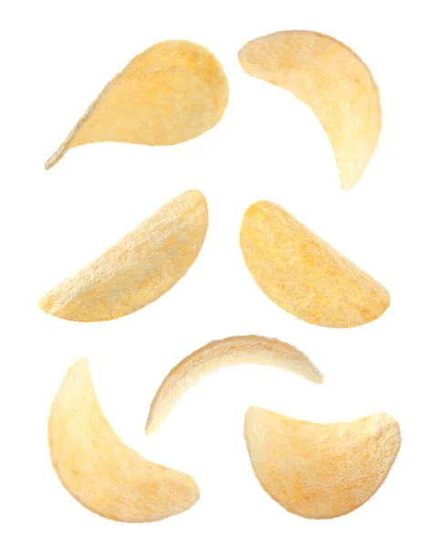 Set Fried Crispy Potato Chips White Background — Stock Photo, Image