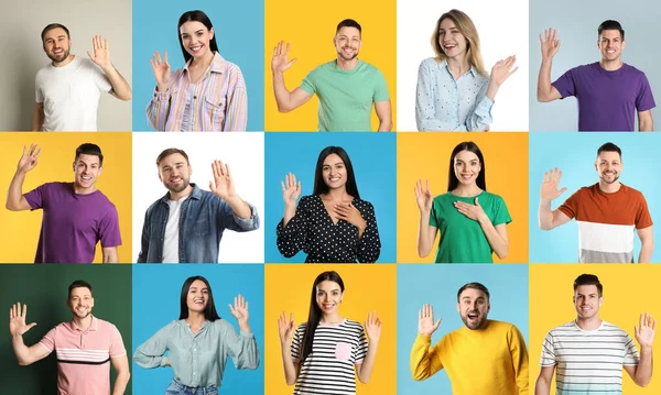 Collage Photos Cheerful People Showing Hello Gesture Different Color Backgrounds — Foto de Stock