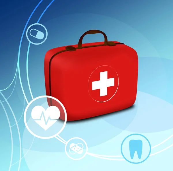 First aid kit and different icons on blue background, illustration