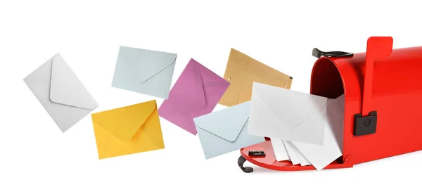 Different Color Envelopes Flying Out Red Letter Box White Background — Foto Stock