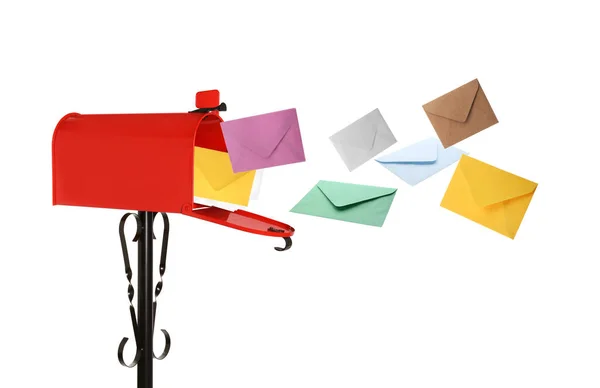 Different Color Envelopes Flying Out Red Letter Box White Background — Stock Fotó