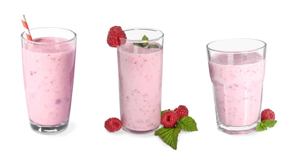 Set Tasty Raspberry Smoothie White Background Banner Design — Photo