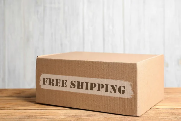 Cardboard Box Wooden Table White Background Free Shipping — Foto de Stock