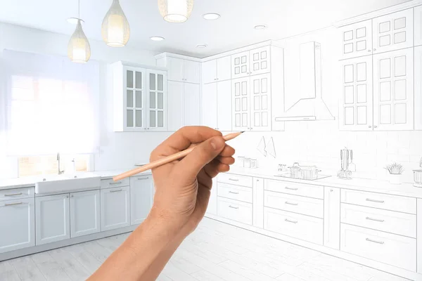 Woman Drawing Kitchen Interior Design Closeup Combination Photo Sketch —  Fotos de Stock