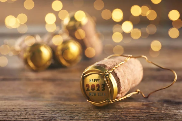 Cork Sparkling Wine Muselet Cap Engraving Happy 2023 New Year — Zdjęcie stockowe