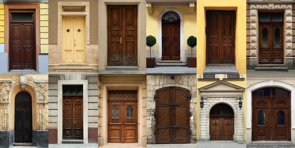 Collage Photos Old Buildings Elegant Wooden Front Doors Banner Design — Foto de Stock