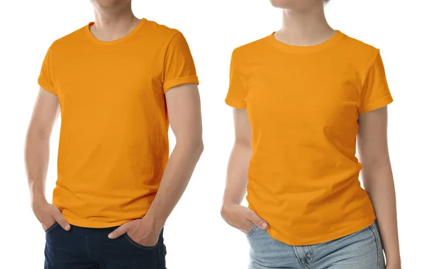 Man Woman Wearing Orange Shirts White Background Closeup Mockup Design — Stockfoto