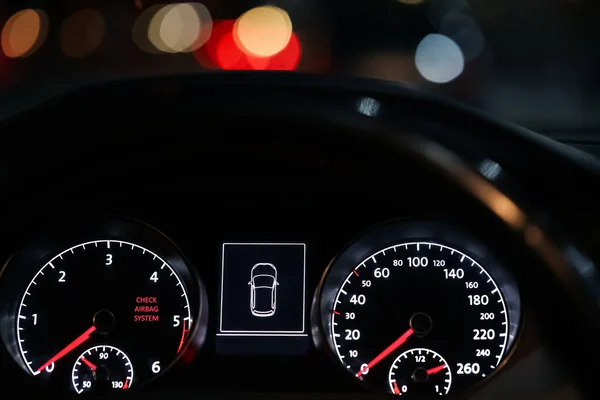 Closeup View Dashboard Warning Icon Check Airbag System Car — стоковое фото