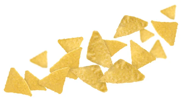 Tasty Tortilla Chips Nachos Falling White Background Banner Design — ストック写真