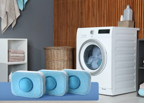 Image Water Softener Tablets Modern Washing Machine Laundry Room — Stock Photo, Image