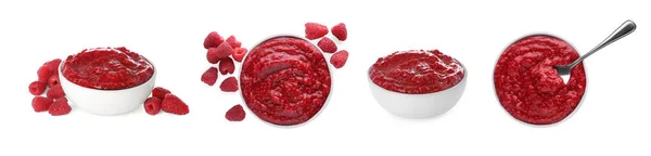 Set Tasty Raspberry Puree White Background Banner Design — Zdjęcie stockowe