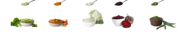 Set Different Tasty Vegetable Puree White Background Banner Design — 스톡 사진