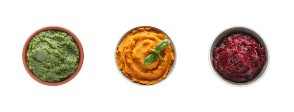 Set Different Tasty Vegetable Puree White Background Top View Banner — Photo