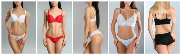 Collage Photos Women Wearing Underwear Light Grey Background Banner Design —  Fotos de Stock
