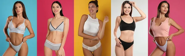 Collage Photos Women Wearing Underwear Different Color Backgrounds Banner Design — Stok fotoğraf