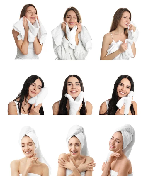 Collage Photos Beautiful Women Soft Towels White Background — Stock Photo, Image