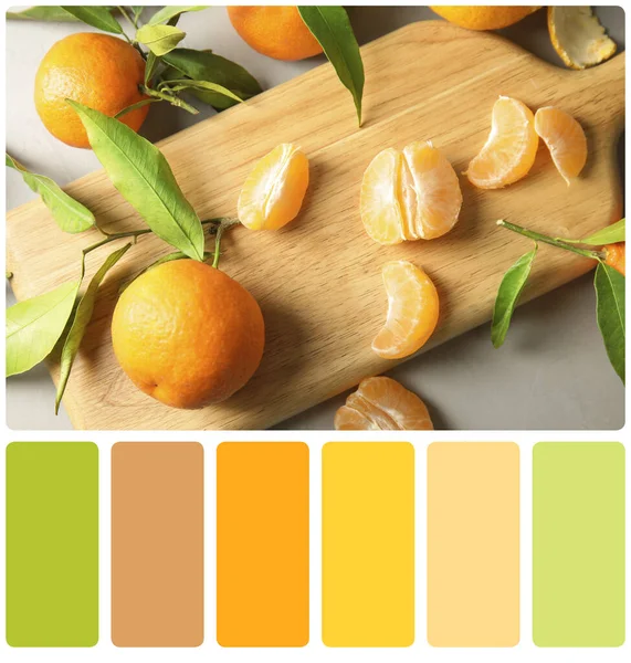 Color Matching Palette Flat Lay Composition Ripe Tangerines Grey Background — Stockfoto