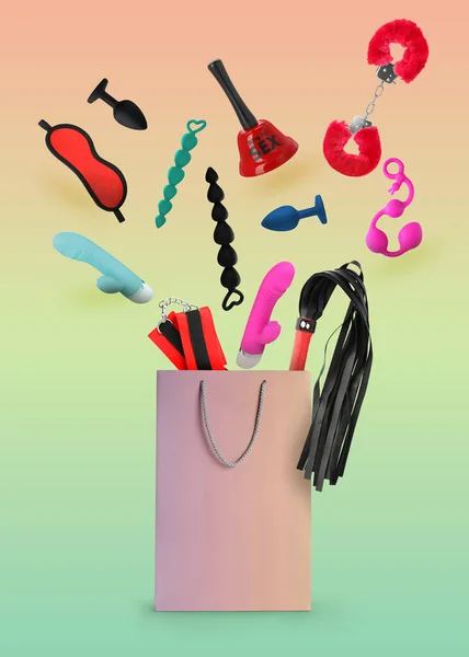 Different Sex Toys Accessories Falling Paper Shopping Bag Color Background — Stock Fotó