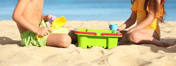 Cute Little Children Playing Plastic Toys Sandy Beach Closeup Banner — 스톡 사진
