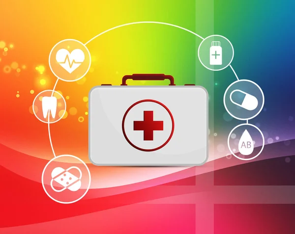 First aid kit and different icons on color background, illustration